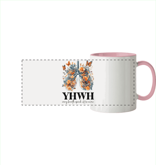 Every Breath Speak His Name – Leben, das Lobpreis atmet | Christliche Kleidung - Panorama Tasse zweifarbig