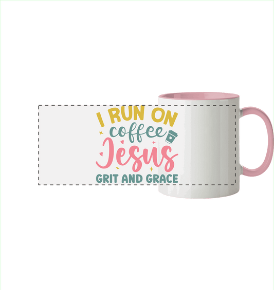 I run on coffee, Jesus, grit and grace | Christliche Produkte - Panorama Tasse zweifarbig