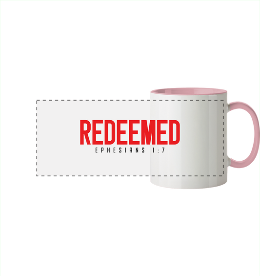 Redeemed – Ephesians 1:7 – Erlöst durch sein Blut | Christliche Produkte - Panorama Tasse zweifarbig