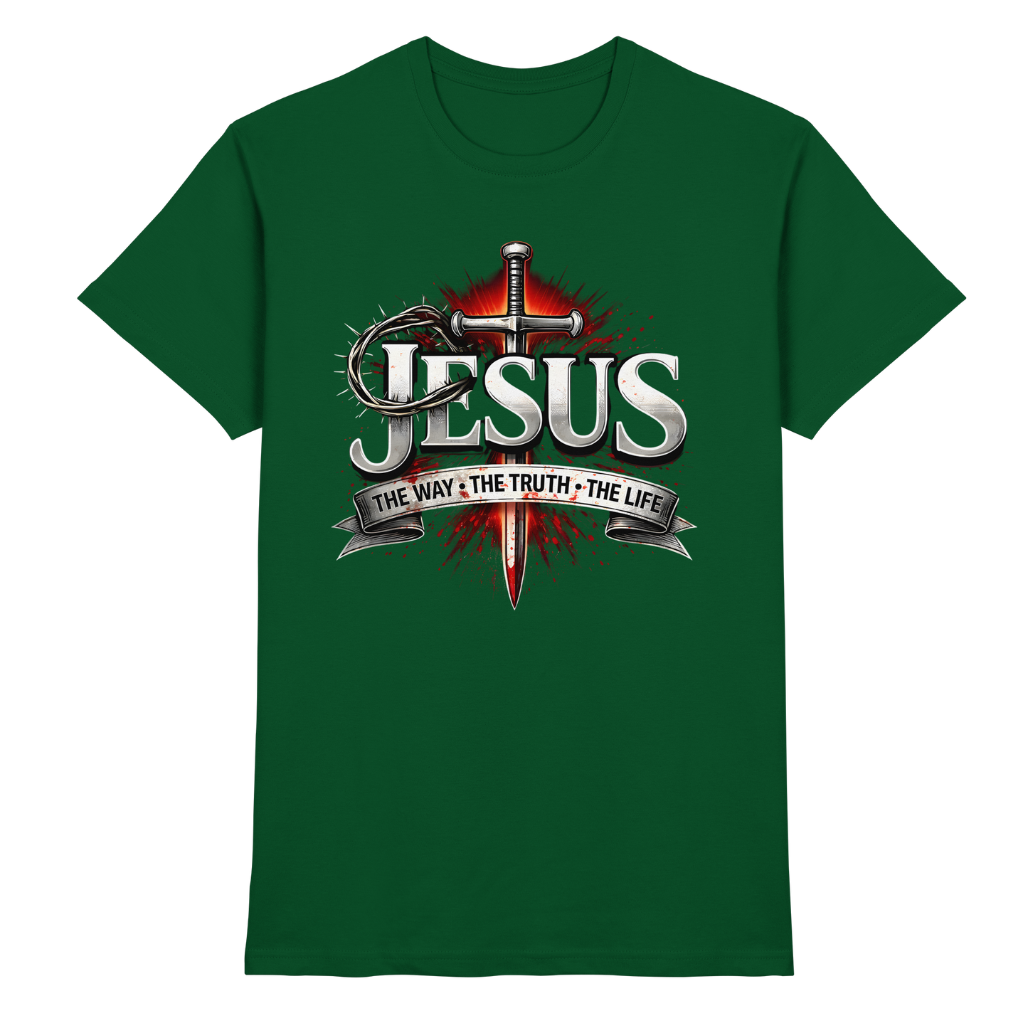 „Jesus: Der Weg, die Wahrheit, das Leben“ mit Schwert und Dornenkrone - Premium Shirt