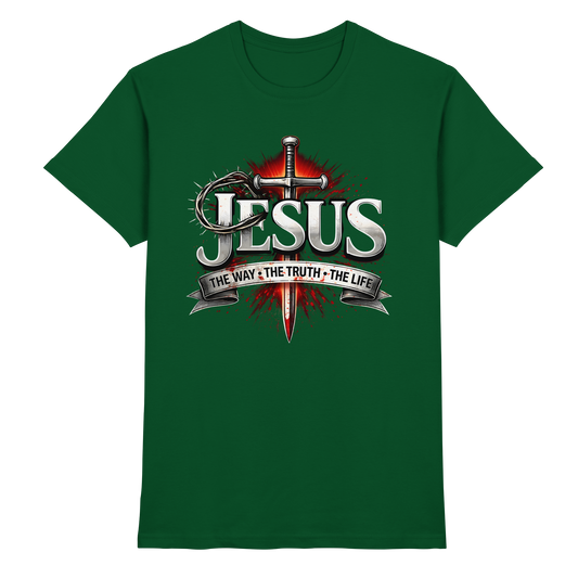 „Jesus: Der Weg, die Wahrheit, das Leben“ mit Schwert und Dornenkrone - Premium Shirt