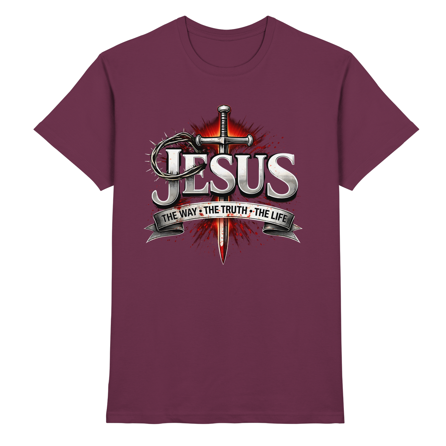 „Jesus: Der Weg, die Wahrheit, das Leben“ mit Schwert und Dornenkrone - Premium Shirt
