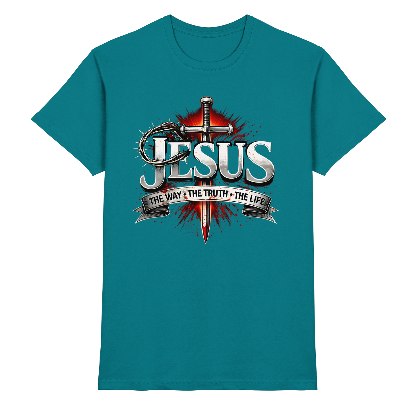 „Jesus: Der Weg, die Wahrheit, das Leben“ mit Schwert und Dornenkrone - Premium Shirt