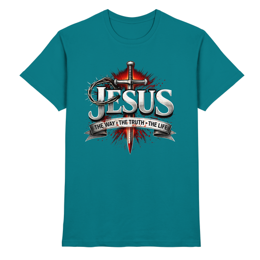 „Jesus: Der Weg, die Wahrheit, das Leben“ mit Schwert und Dornenkrone - Premium Shirt