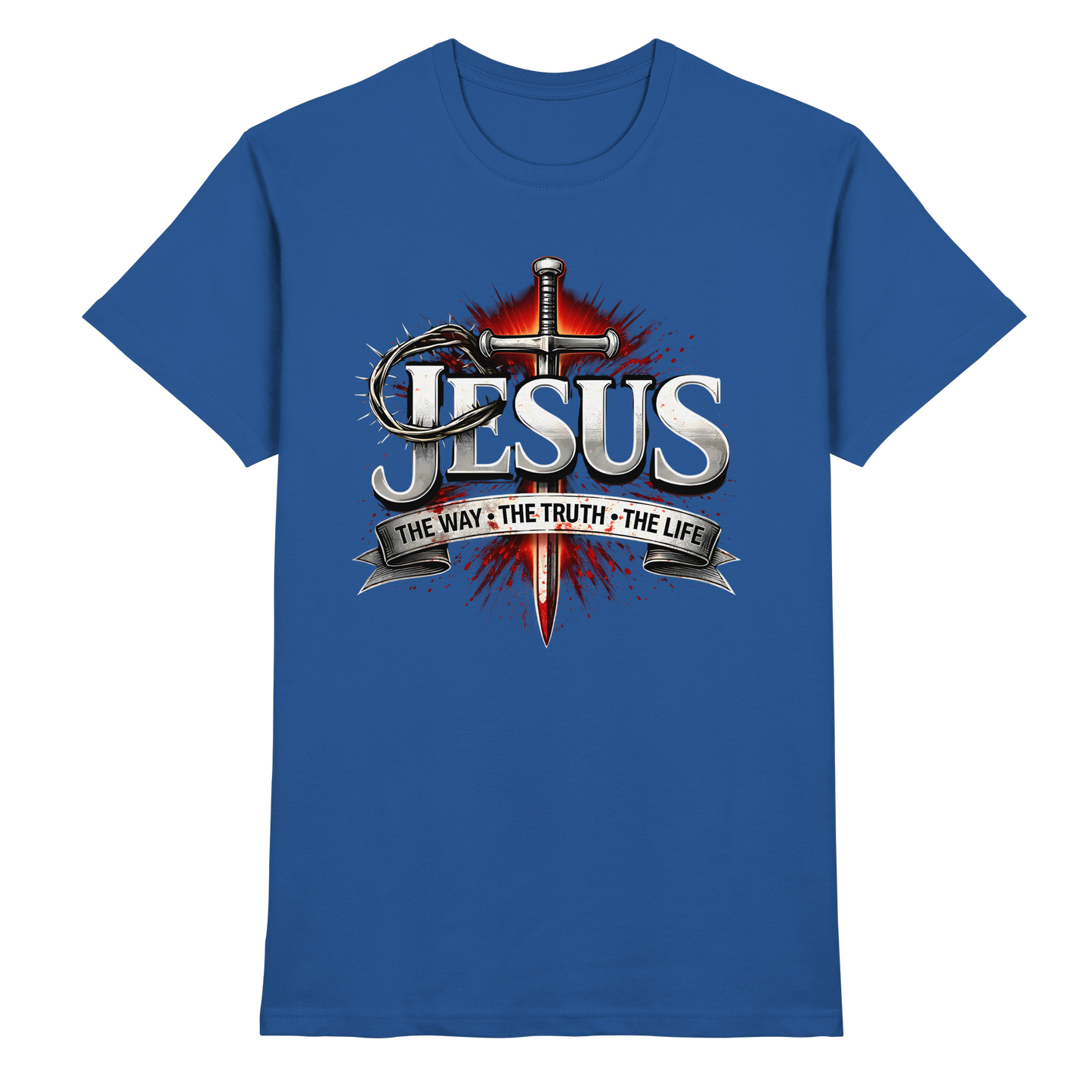 „Jesus: Der Weg, die Wahrheit, das Leben“ mit Schwert und Dornenkrone - Premium Shirt