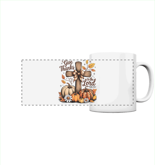 Give Thanks to the Lord – Psalm 136:1 | Christliche Kleidung & Geschenke im Retro-Design - Panorama Tasse - Trinkgefäße - White glossy - GfoitMa