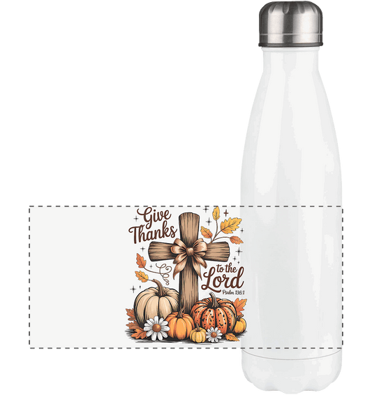 Give Thanks to the Lord – Psalm 136:1 | Christliche Kleidung & Geschenke im Retro-Design - Panorama Thermoflasche 500ml - Trinkgefäße - White - GfoitMa