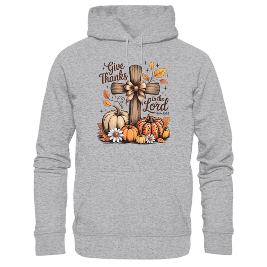 Give Thanks to the Lord – Psalm 136:1 | Christliche Kleidung & Geschenke im Retro-Design - Premium Unisex Hoodie - Hoodies - Heather Grey (meliert) - GfoitMa