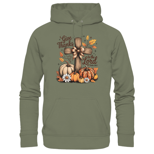 Give Thanks to the Lord – Psalm 136:1 | Christliche Kleidung & Geschenke im Retro-Design - Premium Unisex Hoodie - Hoodies - Classic Olive - GfoitMa