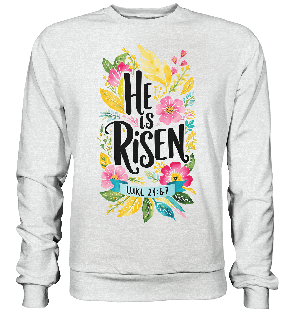 He Is Risen – Die Schönheit der Auferstehung (Vorne) | Christliche Kleidung - Premium Sweatshirt - Sweatshirts - Heather Grey (meliert) - GfoitMa