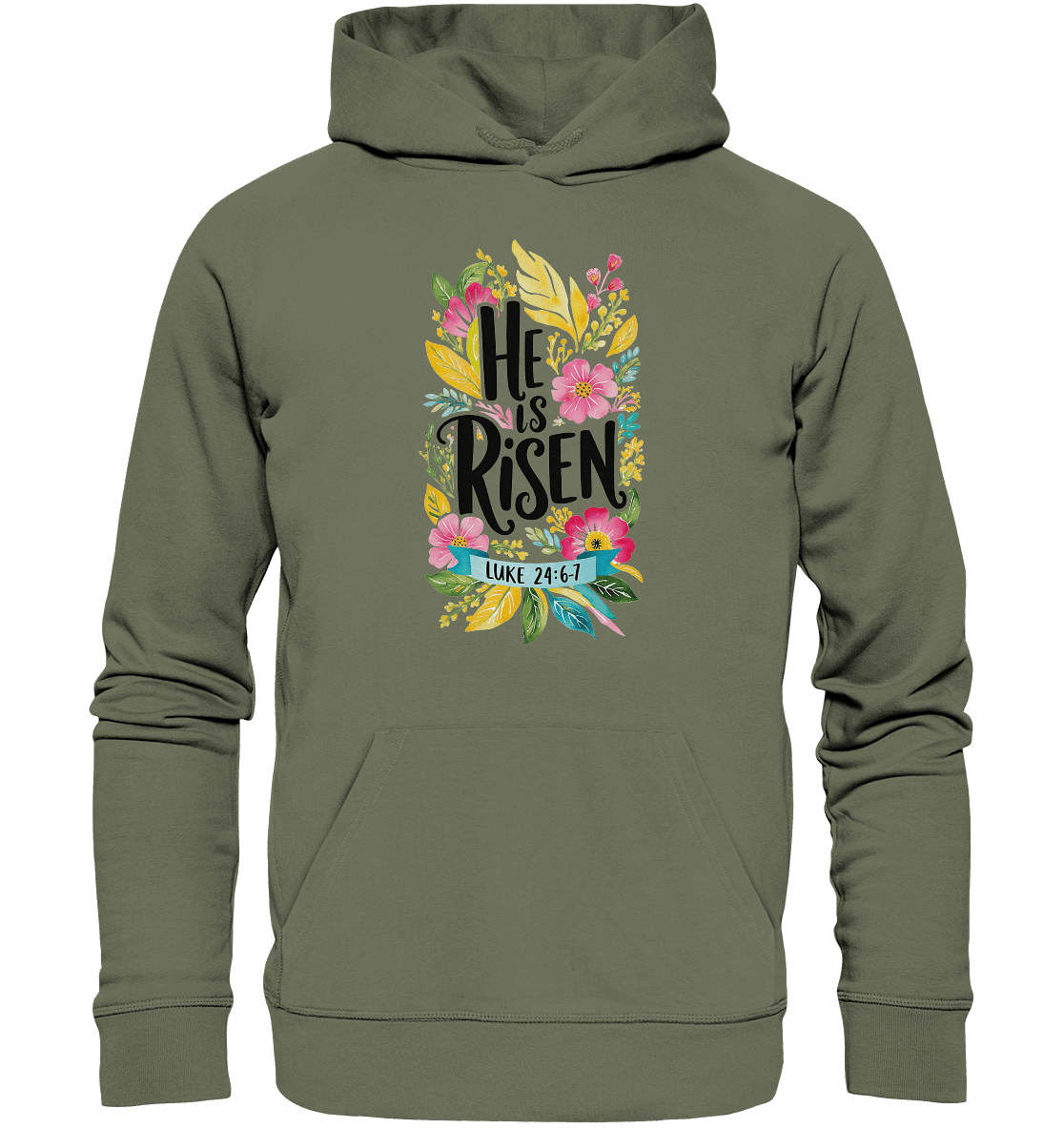 He Is Risen – Die Schönheit der Auferstehung (Vorne) | Christliche Kleidung - Premium Unisex Hoodie - Hoodies - Classic Olive - GfoitMa