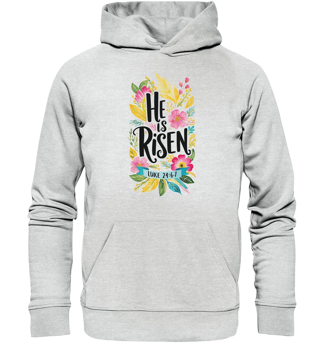 He Is Risen – Die Schönheit der Auferstehung (Vorne) | Christliche Kleidung - Premium Unisex Hoodie - Hoodies - Heather Grey (meliert) - GfoitMa