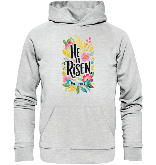 He Is Risen – Die Schönheit der Auferstehung (Vorne) | Christliche Kleidung - Premium Unisex Hoodie - Hoodies - Heather Grey (meliert) - GfoitMa
