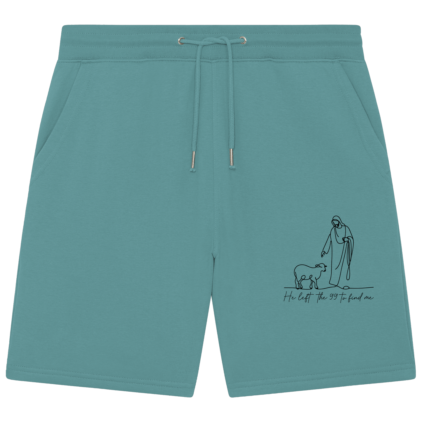 He Left the 99 to Find Me – Kraftvolle Botschaft in minimalistischem Design | Christliche Kleidung - Organic Jogger Shorts - Hosen - Teal Monstera - GfoitMa