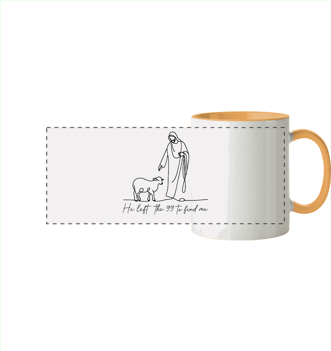 He Left the 99 to Find Me – Kraftvolle Botschaft in minimalistischem Design | Christliche Kleidung - Panorama Tasse zweifarbig - Trinkgefäße - Goldgelb - GfoitMa