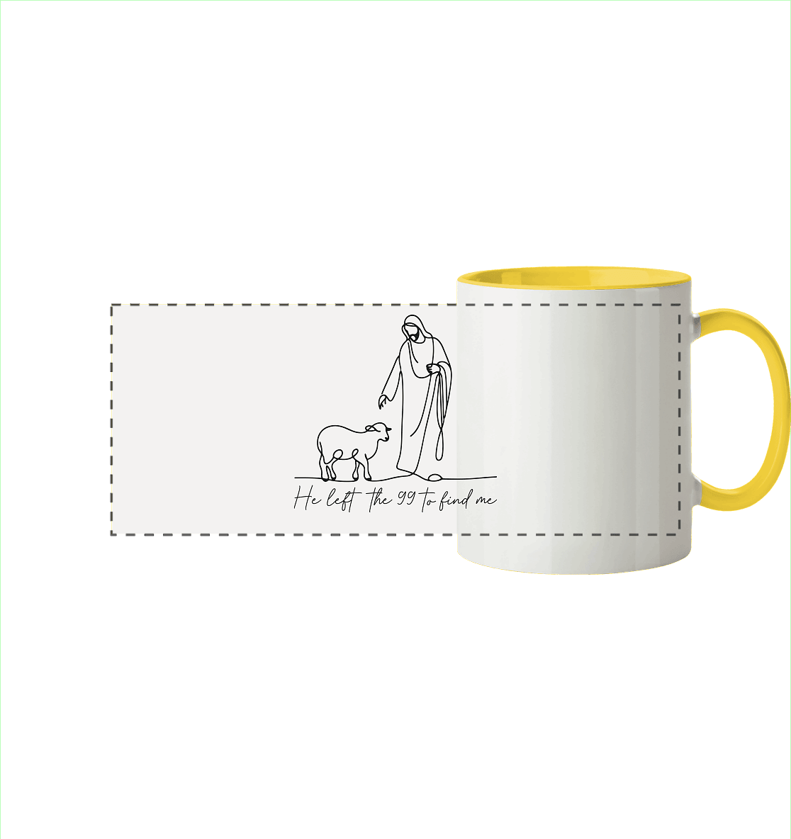 He Left the 99 to Find Me – Kraftvolle Botschaft in minimalistischem Design | Christliche Kleidung - Panorama Tasse zweifarbig - Trinkgefäße - Hellgelb - GfoitMa