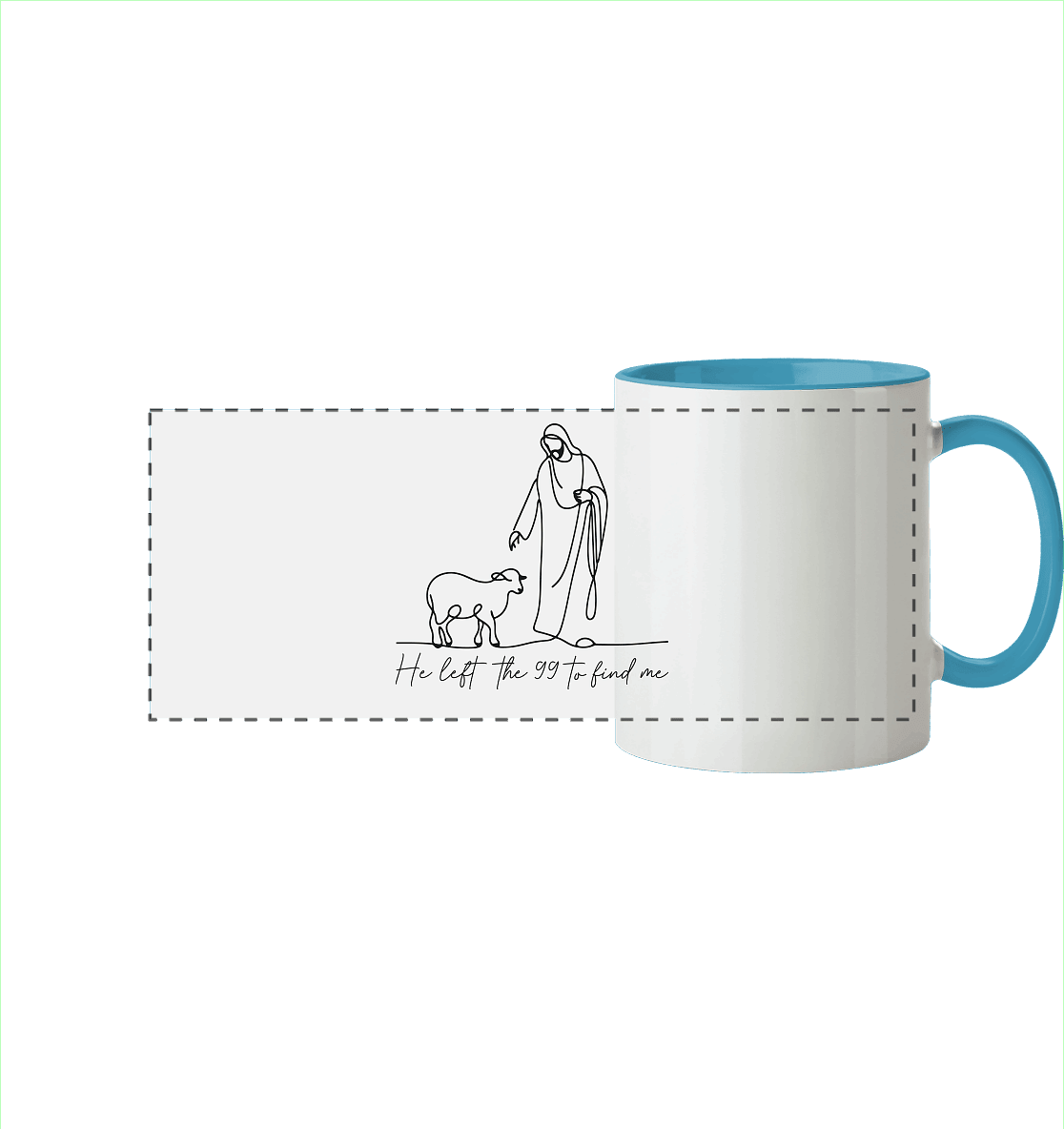He Left the 99 to Find Me – Kraftvolle Botschaft in minimalistischem Design | Christliche Kleidung - Panorama Tasse zweifarbig - Trinkgefäße - Hellblau - GfoitMa