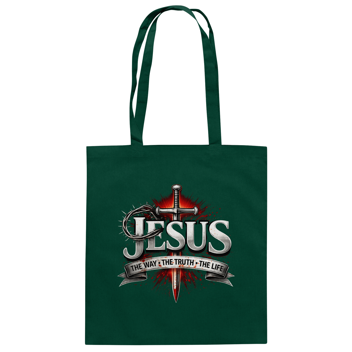„Jesus: Der Weg, die Wahrheit, das Leben“ mit Schwert und Dornenkrone - Baumwolltasche - Taschen - Bottle Green - GfoitMa