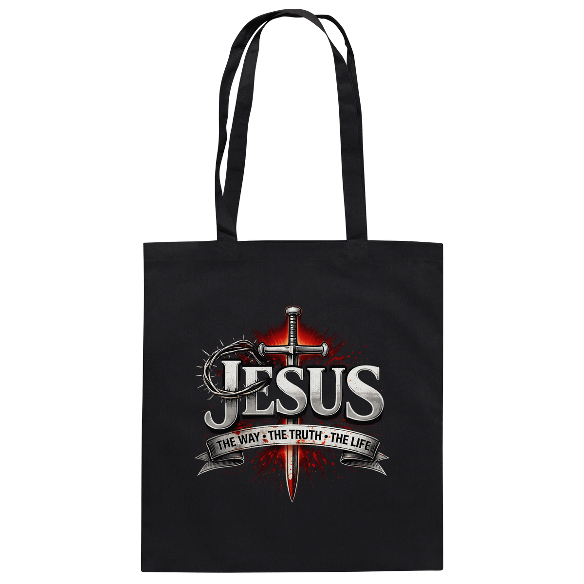 „Jesus: Der Weg, die Wahrheit, das Leben“ mit Schwert und Dornenkrone - Baumwolltasche - Taschen - Black - GfoitMa