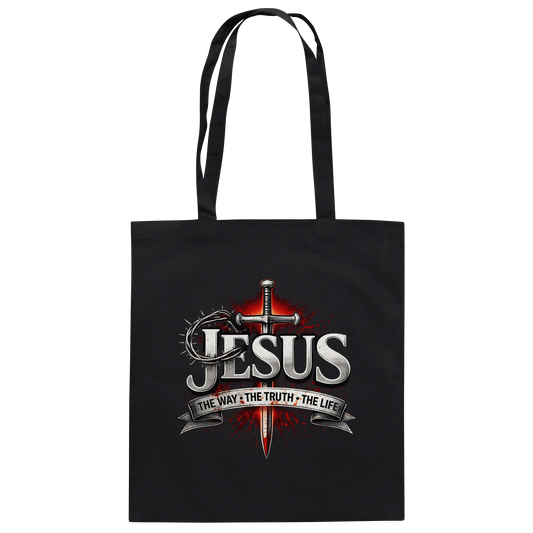 „Jesus: Der Weg, die Wahrheit, das Leben“ mit Schwert und Dornenkrone - Baumwolltasche - Taschen - Black - GfoitMa