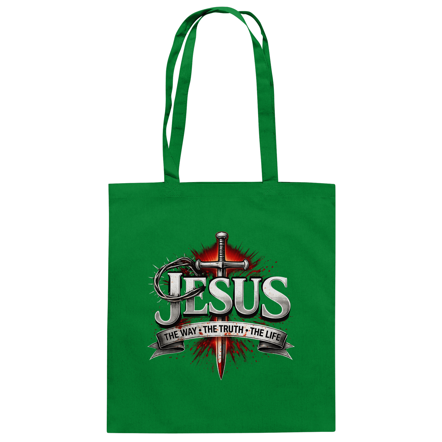 „Jesus: Der Weg, die Wahrheit, das Leben“ mit Schwert und Dornenkrone - Baumwolltasche - Taschen - Kelly Green - GfoitMa