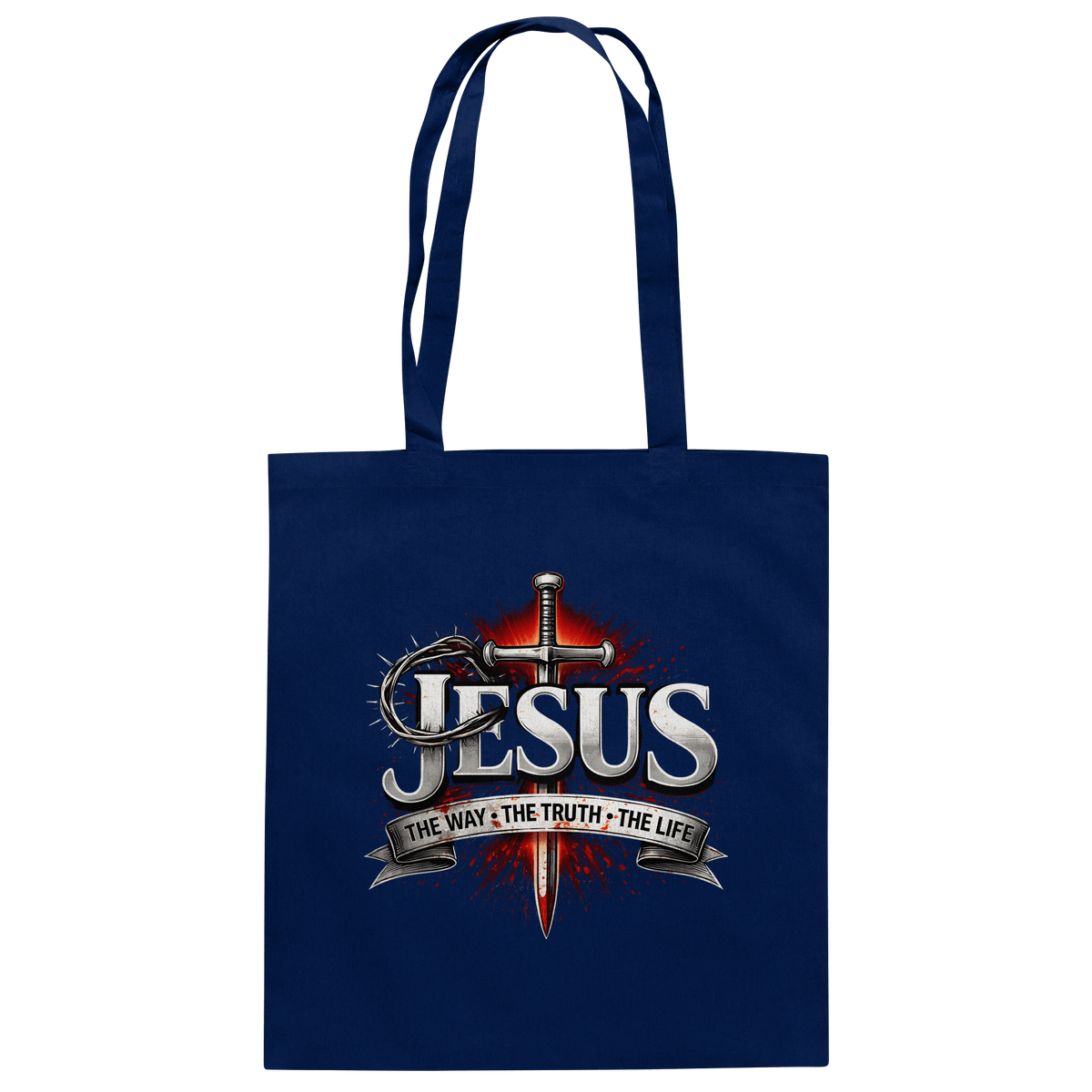 „Jesus: Der Weg, die Wahrheit, das Leben“ mit Schwert und Dornenkrone - Baumwolltasche - Taschen - French Navy - GfoitMa