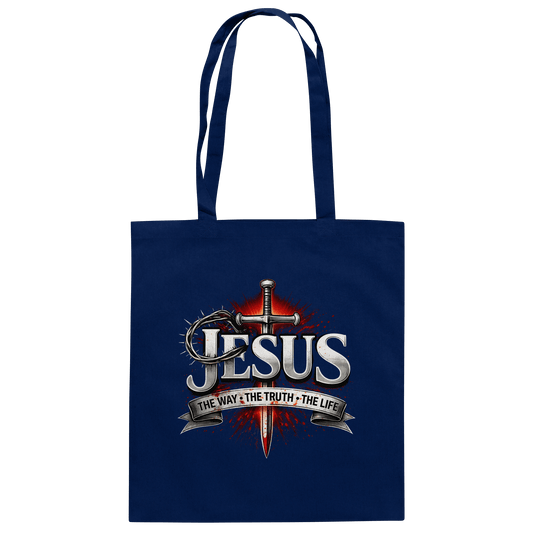 „Jesus: Der Weg, die Wahrheit, das Leben“ mit Schwert und Dornenkrone - Baumwolltasche - Taschen - French Navy - GfoitMa