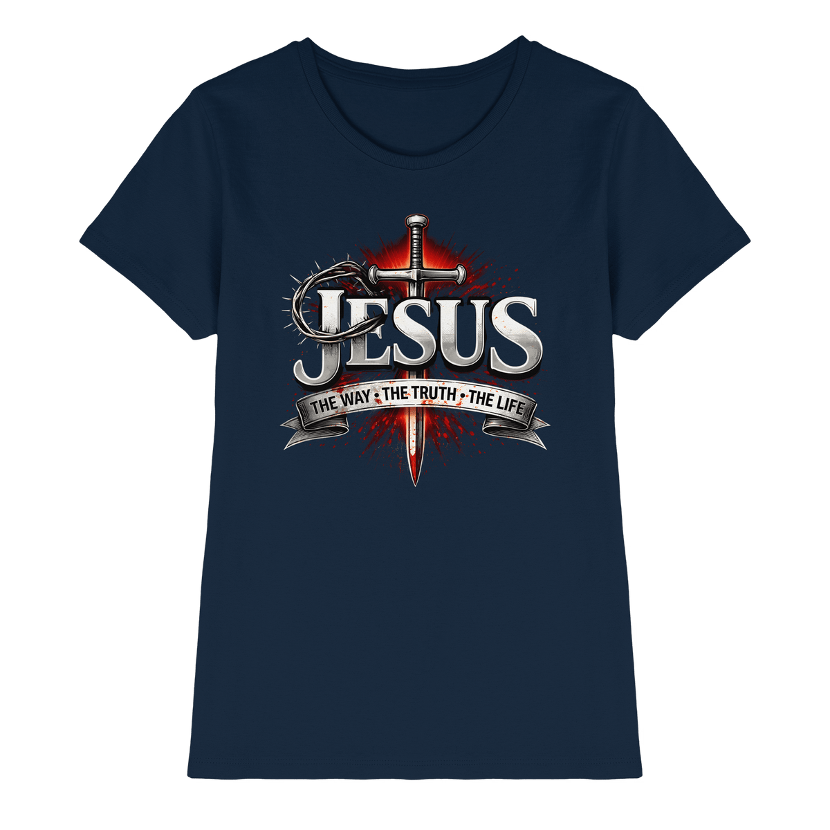 „Jesus: Der Weg, die Wahrheit, das Leben“ mit Schwert und Dornenkrone - Ladies Premium Shirt - Lady-Shirts - Navy - GfoitMa