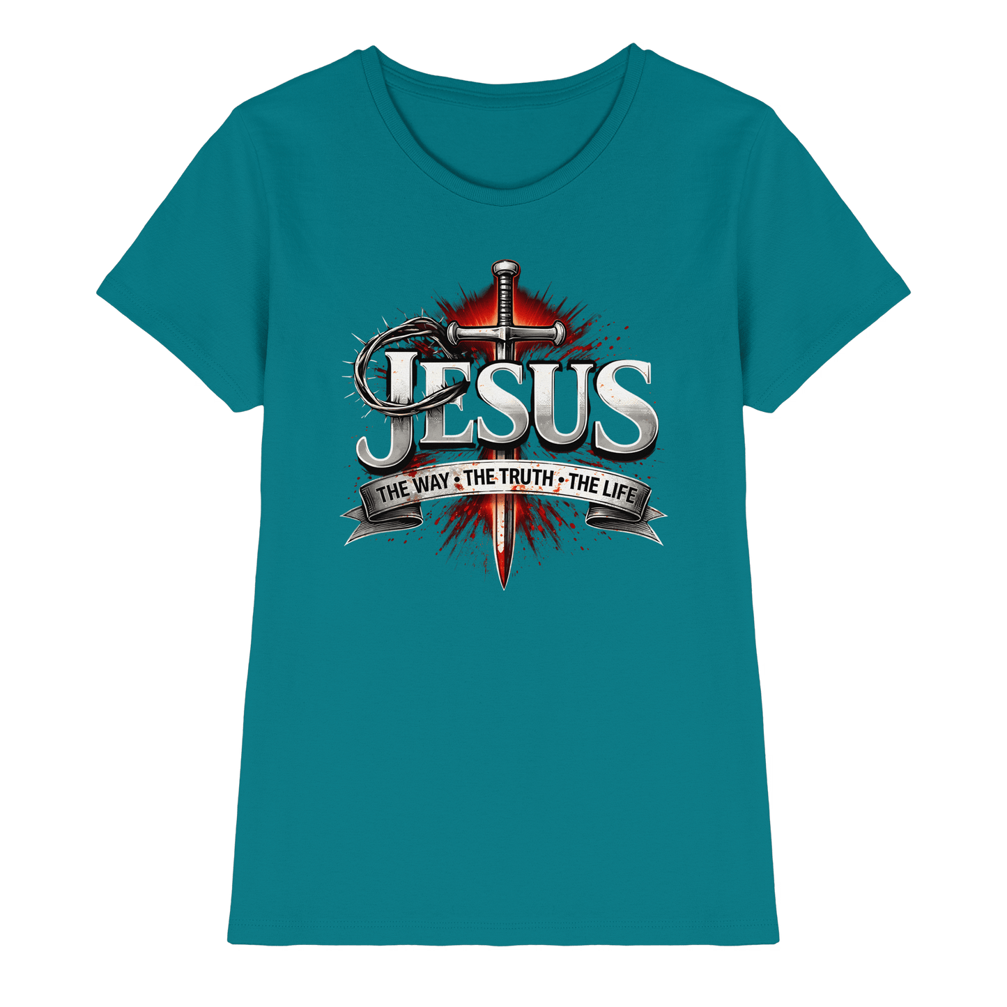 „Jesus: Der Weg, die Wahrheit, das Leben“ mit Schwert und Dornenkrone - Ladies Premium Shirt - Lady-Shirts - Diva Blue - GfoitMa