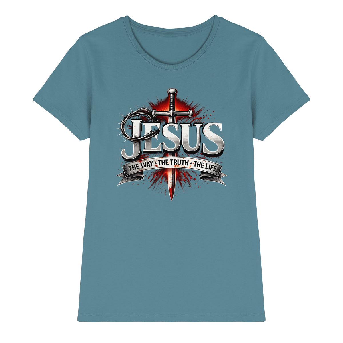 „Jesus: Der Weg, die Wahrheit, das Leben“ mit Schwert und Dornenkrone - Ladies Premium Shirt - Lady-Shirts - Stone Blue - GfoitMa