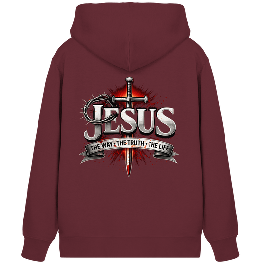 „Jesus: Der Weg, die Wahrheit, das Leben“ mit Schwert und Dornenkrone - Organic Zipper - Jacken/ Zipper - Burgundy - GfoitMa