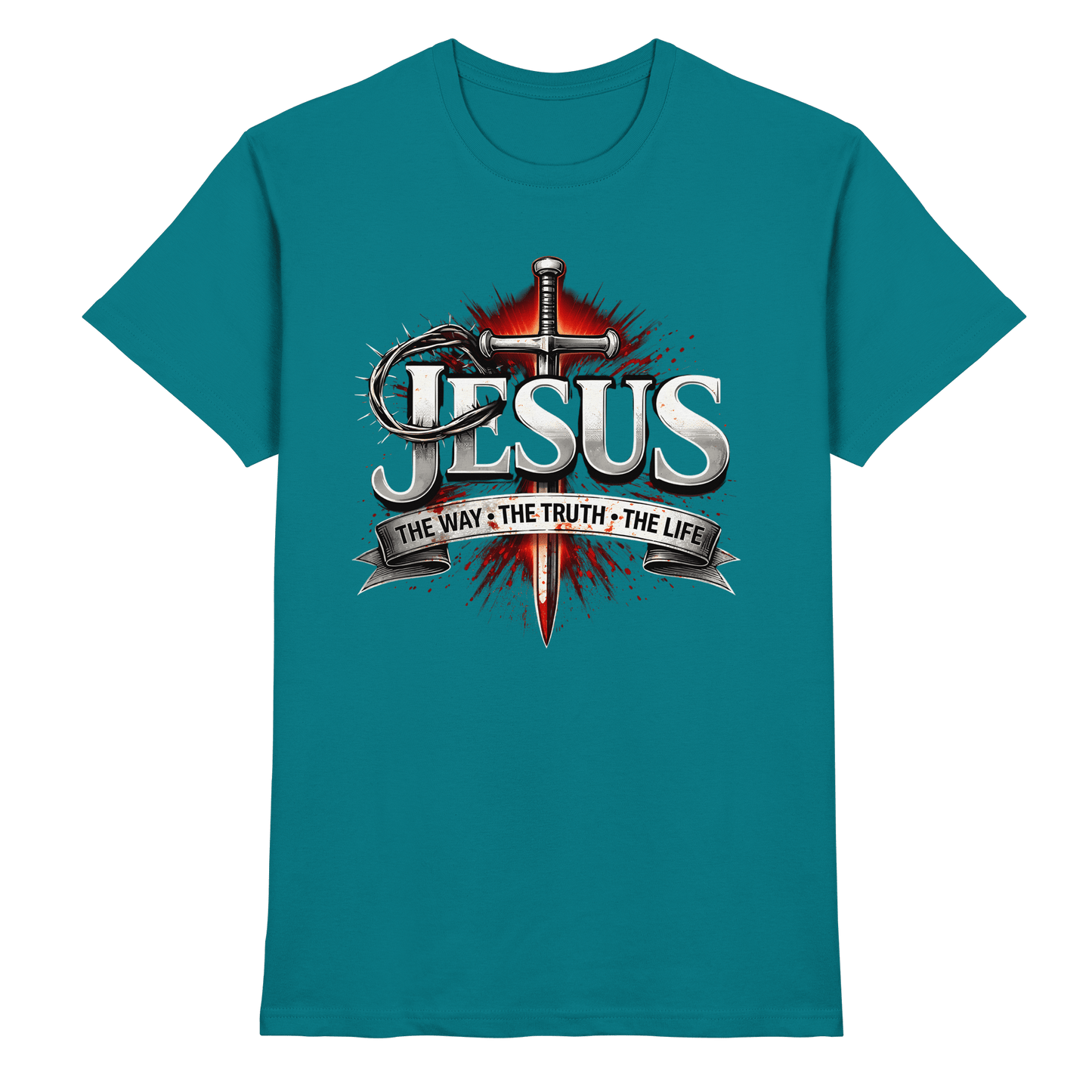 „Jesus: Der Weg, die Wahrheit, das Leben“ mit Schwert und Dornenkrone - Premium Shirt - Unisex-Shirts - Diva Blue - GfoitMa