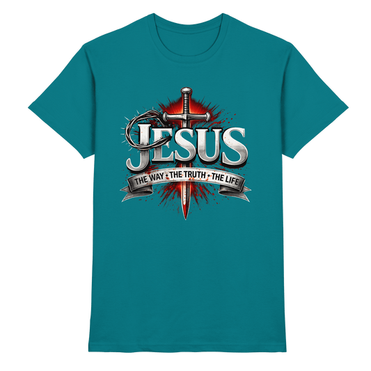 „Jesus: Der Weg, die Wahrheit, das Leben“ mit Schwert und Dornenkrone - Premium Shirt - Unisex-Shirts - Diva Blue - GfoitMa