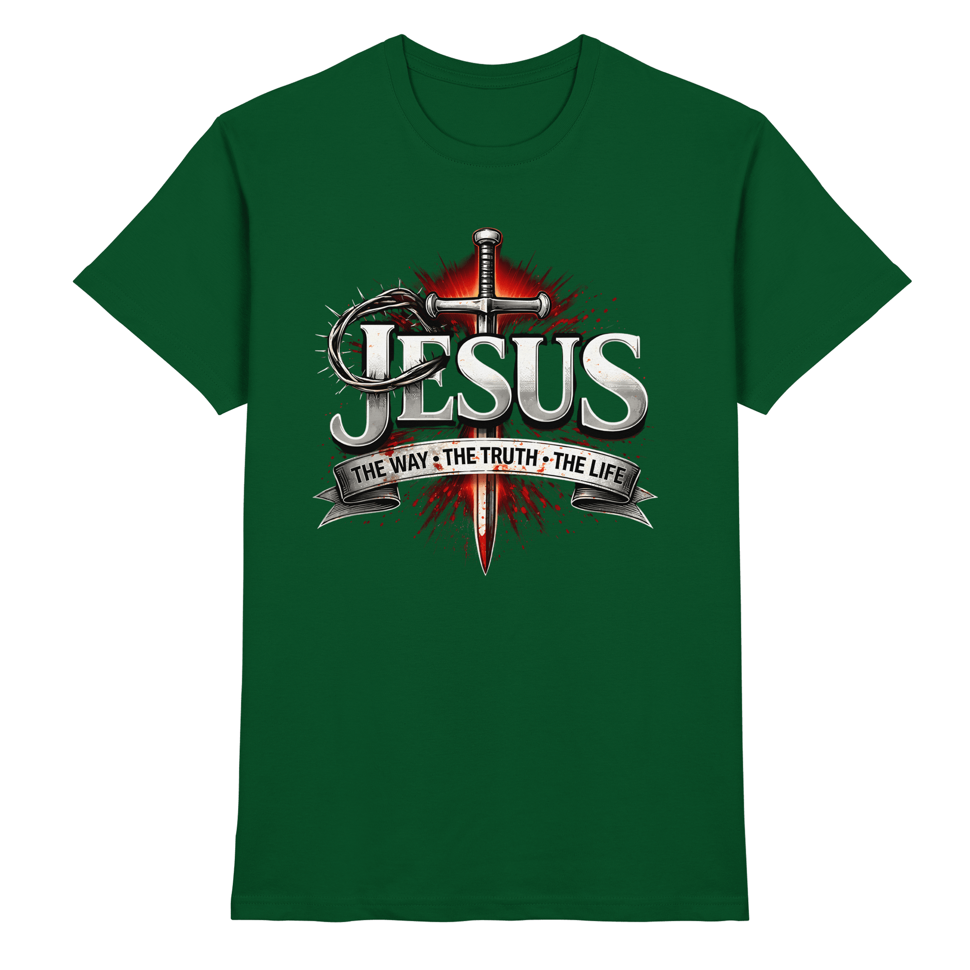 „Jesus: Der Weg, die Wahrheit, das Leben“ mit Schwert und Dornenkrone - Premium Shirt - Unisex-Shirts - Bottle Green - GfoitMa