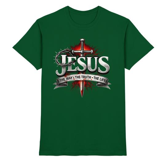 „Jesus: Der Weg, die Wahrheit, das Leben“ mit Schwert und Dornenkrone - Premium Shirt - Unisex-Shirts - Bottle Green - GfoitMa