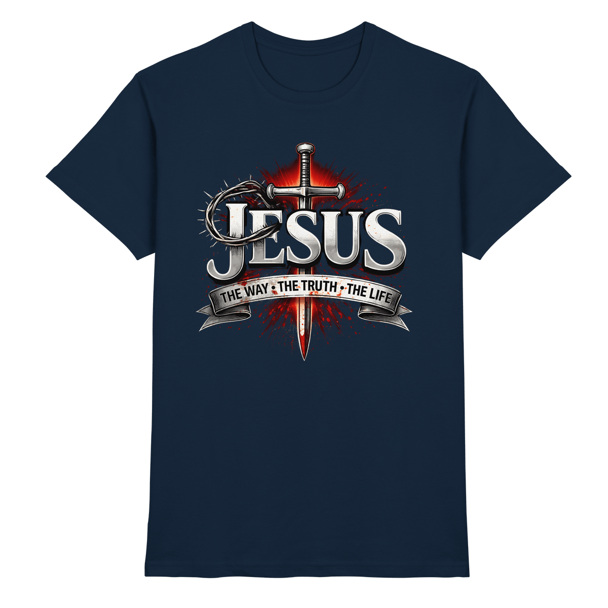 „Jesus: Der Weg, die Wahrheit, das Leben“ mit Schwert und Dornenkrone - Premium Shirt - Unisex-Shirts - Navy - GfoitMa
