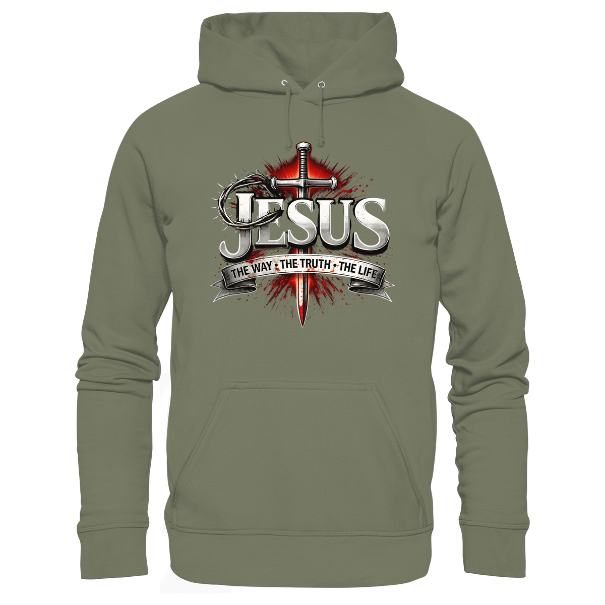 „Jesus: Der Weg, die Wahrheit, das Leben“ mit Schwert und Dornenkrone - Premium Unisex Hoodie - Hoodies - Classic Olive - GfoitMa