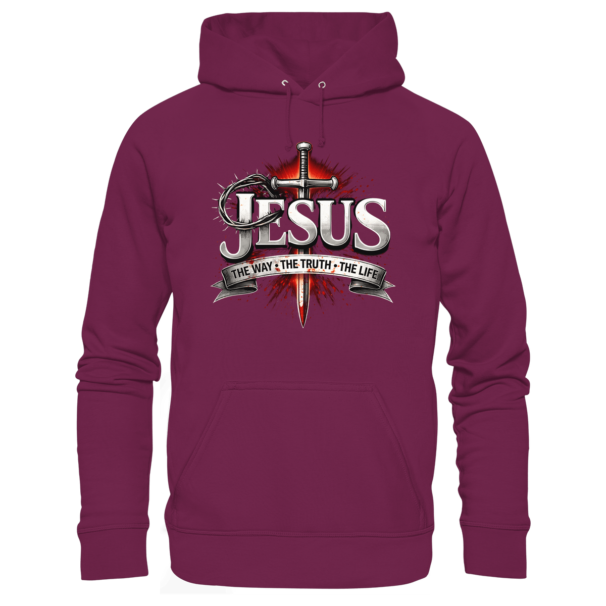„Jesus: Der Weg, die Wahrheit, das Leben“ mit Schwert und Dornenkrone - Premium Unisex Hoodie - Hoodies - Burgund - GfoitMa