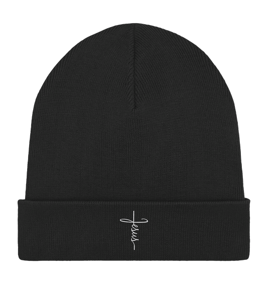 Jesus in Kreuzform - Stick (Weiß) - Organic Rib Beanie - GfoitMa - Black / One Size