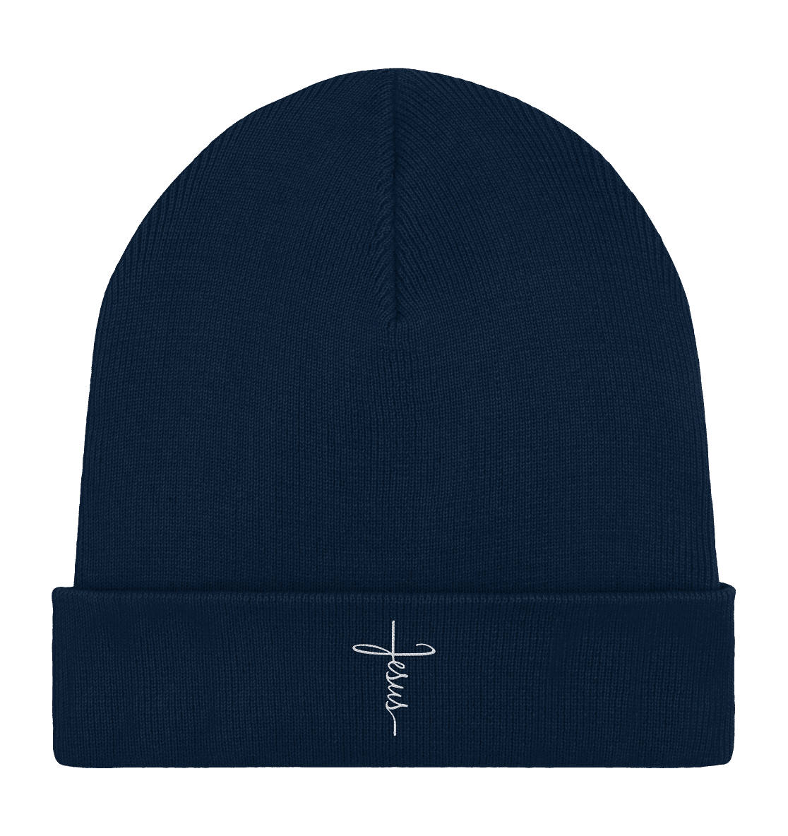 Jesus in Kreuzform - Stick (Weiß) - Organic Rib Beanie - GfoitMa - French Navy / One Size