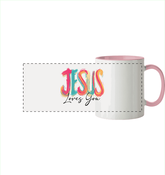 Jesus Loves You – Buntes Design voller Hoffnung und Liebe | Christliches Design - Panorama Tasse zweifarbig - Trinkgefäße - Altrosa - GfoitMa