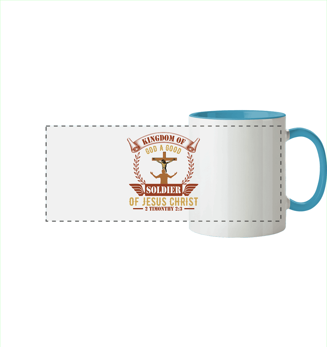 Kingdom of God – A Good Soldier of Jesus Christ | Christliches Design in Braun - Panorama Tasse zweifarbig - Trinkgefäße - Hellblau - GfoitMa