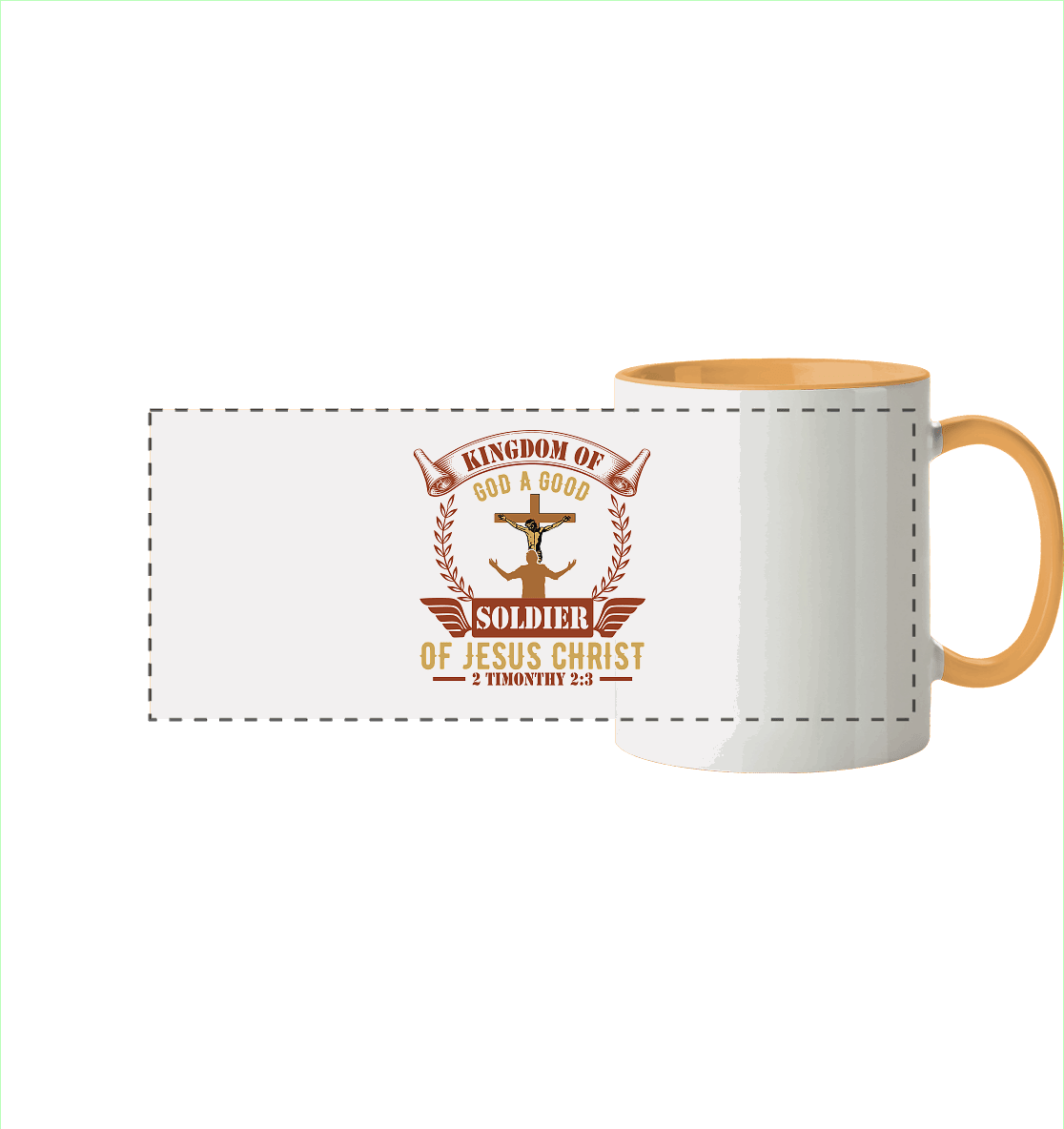 Kingdom of God – A Good Soldier of Jesus Christ | Christliches Design in Braun - Panorama Tasse zweifarbig - Trinkgefäße - Goldgelb - GfoitMa