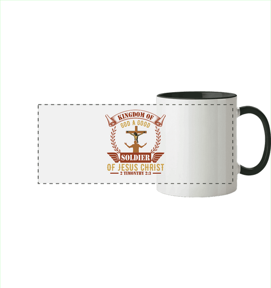 Kingdom of God – A Good Soldier of Jesus Christ | Christliches Design in Braun - Panorama Tasse zweifarbig - Trinkgefäße - Black - GfoitMa
