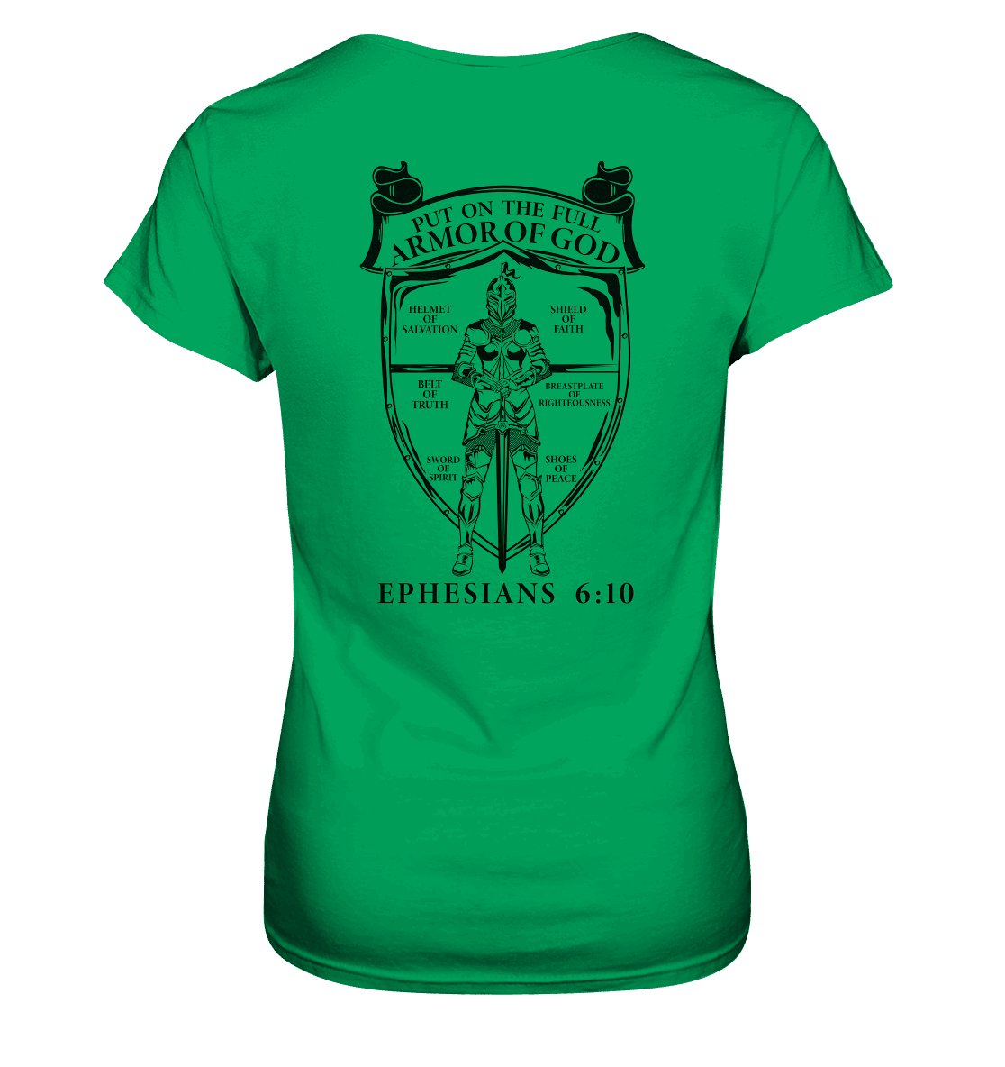 „Put on the Full Armor of God“ – Rückseite | Christliche Kleidung - Ladies Premium Shirt - Lady-Shirts - Kelly Green - GfoitMa