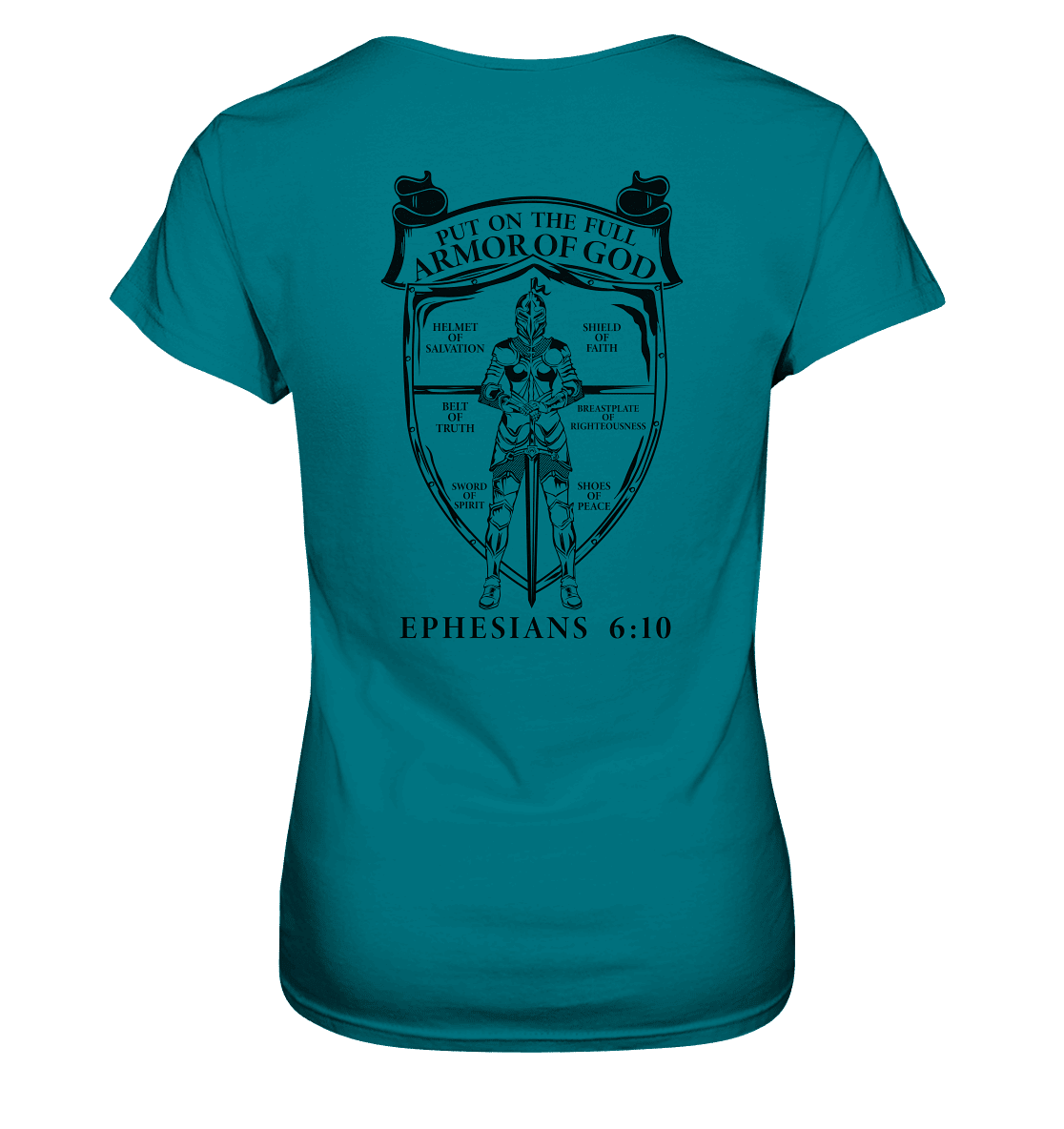 „Put on the Full Armor of God“ – Rückseite | Christliche Kleidung - Ladies Premium Shirt - Lady-Shirts - Diva Blue - GfoitMa
