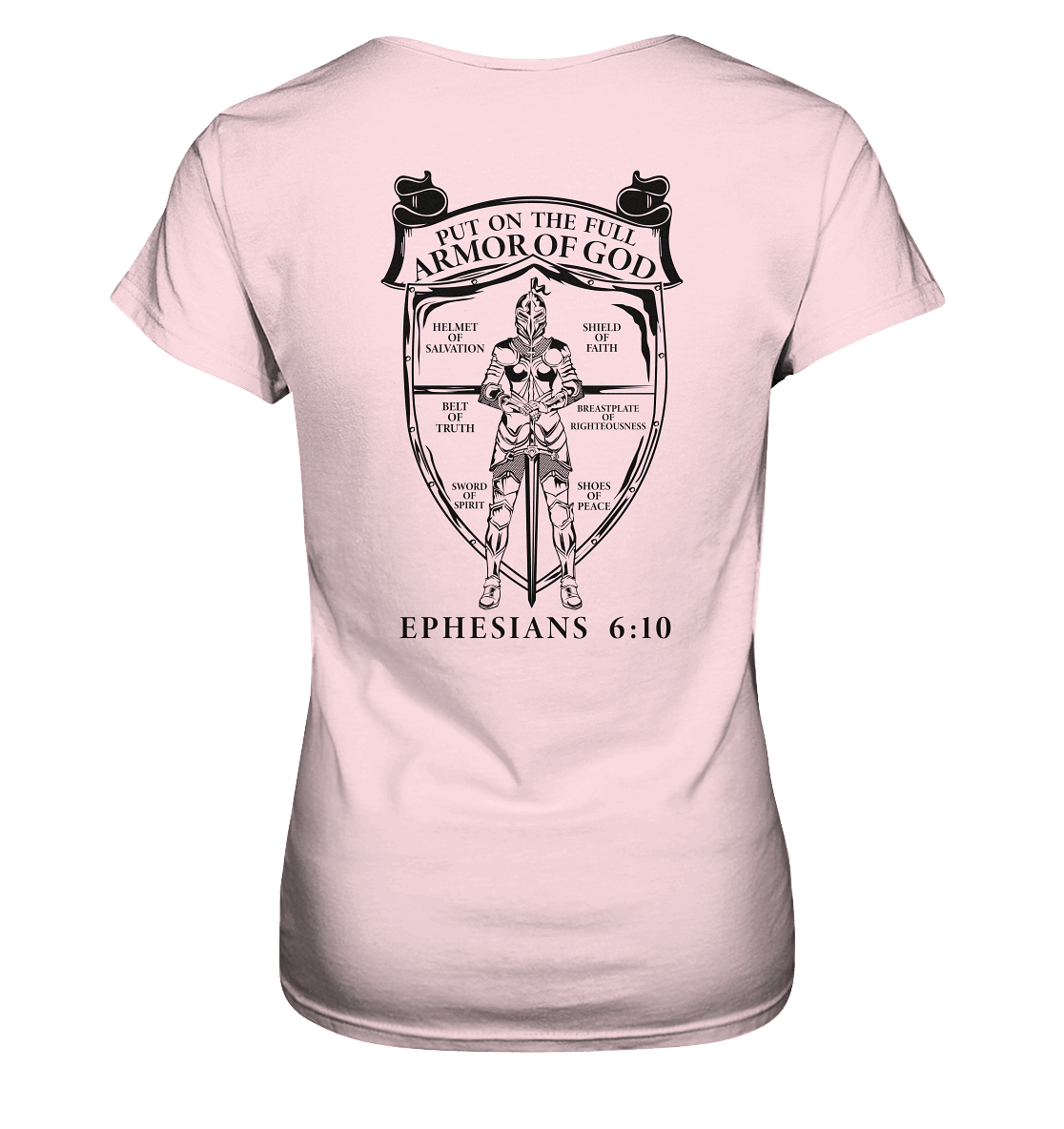 „Put on the Full Armor of God“ – Rückseite | Christliche Kleidung - Ladies Premium Shirt - Lady-Shirts - Orchid Pink - GfoitMa