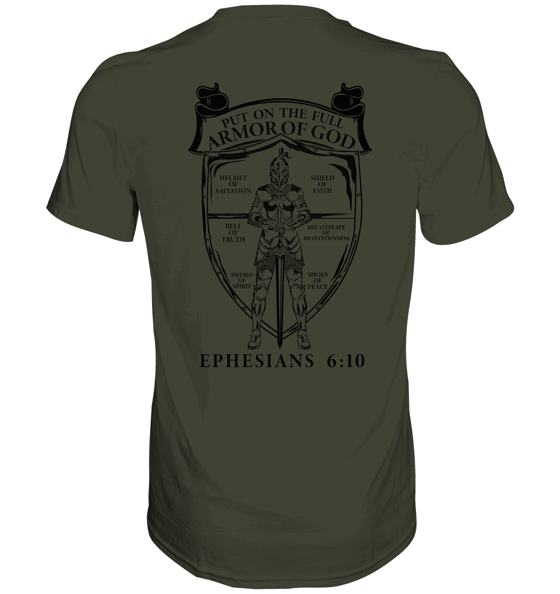 „Put on the Full Armor of God“ – Rückseite | Christliche Kleidung - Premium Shirt - Unisex-Shirts - Urban Khaki - GfoitMa