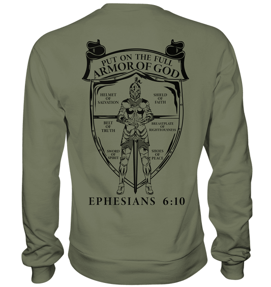 „Put on the Full Armor of God“ – Rückseite | Christliche Kleidung - Premium Sweatshirt - Sweatshirts - Classic Olive - GfoitMa