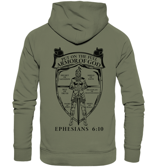 „Put on the Full Armor of God“ – Rückseite | Christliche Kleidung - Premium Unisex Hoodie - Hoodies - Classic Olive - GfoitMa